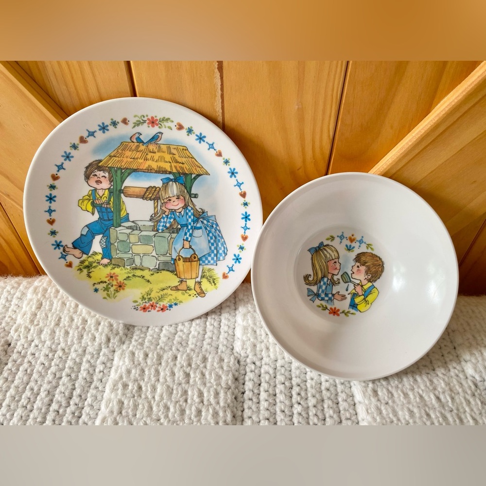 Vintage Melmac 2-Piece Jack and Jill Childrens Dinner Set: Plate and Bowl